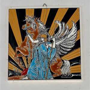 Vintage Greek Athena With Bridle Ceramic Art Tile Nia Rchos Hellas 7" Repaired